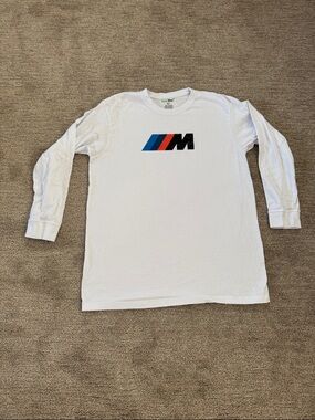 BMW White Long Sleeve Tee with Blue-Red-Black M Stripe